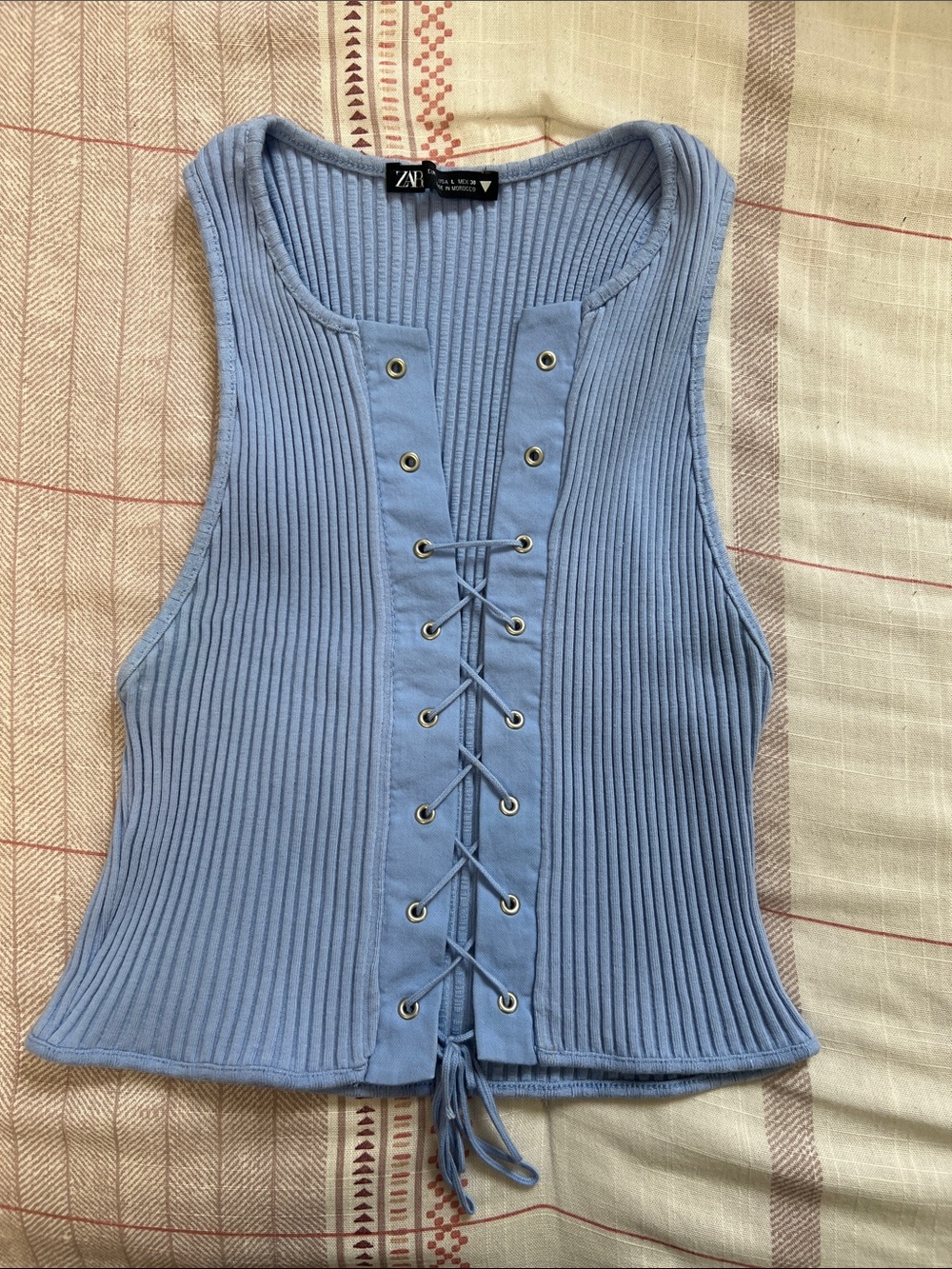 Zara Light Blue Ribbed Lace-Up Tank
